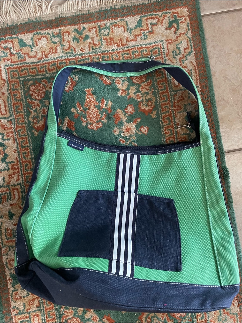 Lands' End Green and Navy Canvas Boat &Tote Singe Strap Zip Top Pockets 19x14”